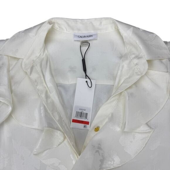 NWT CALVIN KLEIN Floral Ruffle Flutter Sleeves Button Up Top Sz XS Ivory White - Picture 4 of 6